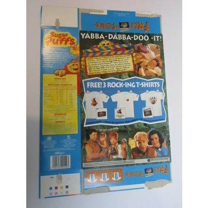 Sugar Puffs 1994 The Flintstones Sticker BARNEY T-Shirt Offer Empty Cereal Box