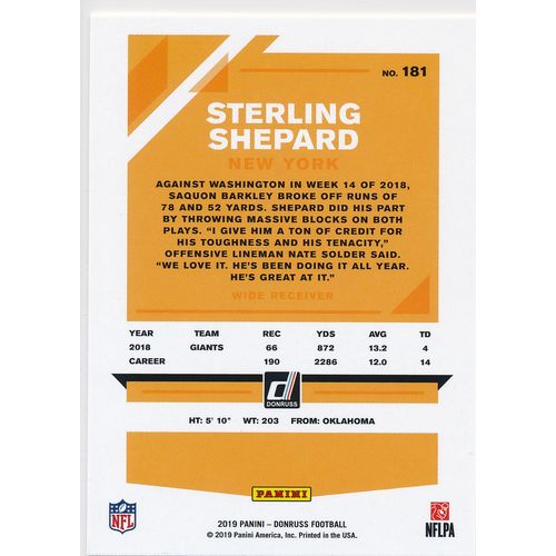 2019 Donruss Football Base 181 Sterling Shepard New York Giants