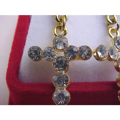 Gold Cross Earrings Cubic Zirconia Dangle Cross Pierced Earrings 1"