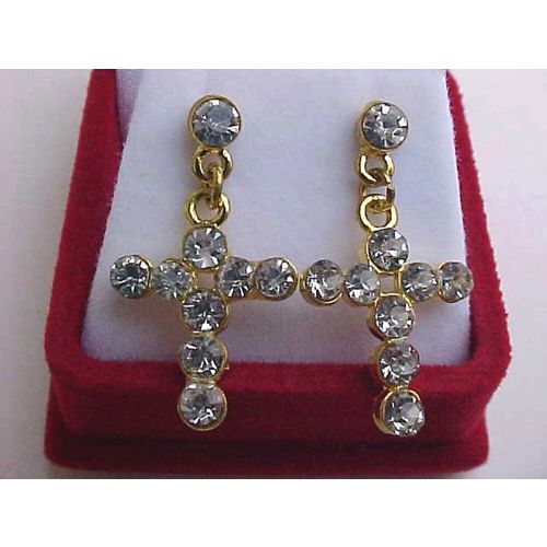 Gold Cross Earrings Cubic Zirconia Dangle Cross Pierced Earrings 1"