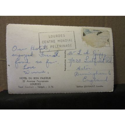 HOTEL DU BON PASTEUR, LOURDES vintage used postcard RP stamp removed =