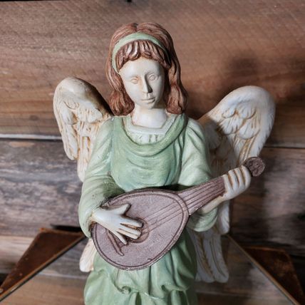 Angel Playing Mandolin Large Figurine - 9.25" tall - Hand Painted.
