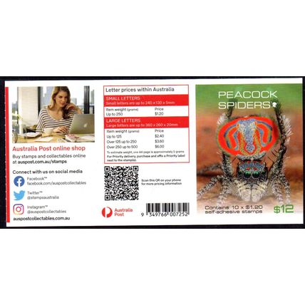 AUSTRALIA: 2023, PEACOCK SPIDERS, BOOKLET OF 10 MINT SELF-ADHESIVE STAMPS.