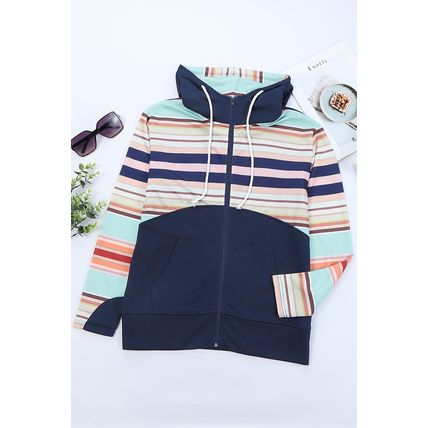 Blue Striped Color Block Thumbhole Sleeve Full Zip Hoodie
