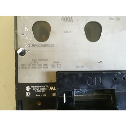 SQUARE D LAL3640036MVI052 CIRCUIT BREAKER 400AMP 3POLE 600VAC,400A,3Phase,BA