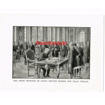 BRITISH PRIME MINISTER SIGNING THE PEACE TREATY, PHOTO BOOK ILLUSTRATION c1914