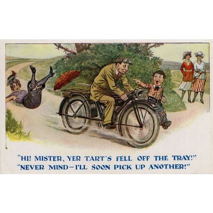 Motorcycle Lady Rider Bike Lady Tart Disaster Fall Antique Comic Postcard