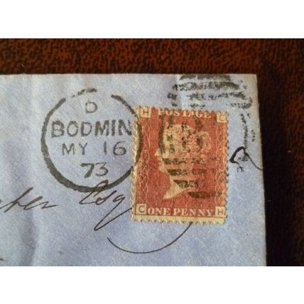 1873 GB QV 1d Red stamp HC Plate 124 wax seal cover Bodmin Launceston Peter