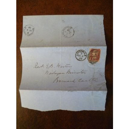1872 GB QV 1d Red stamp II Plate 144 cover Rev Warters Wesleyan Barnard Castle