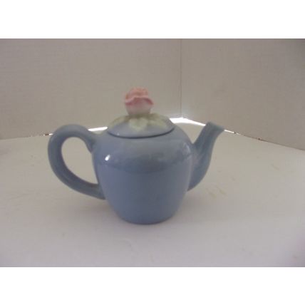 Miniature Tea Pot Blue with Pink Rose 4"