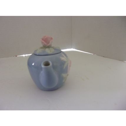 Miniature Tea Pot Blue with Pink Rose 4"