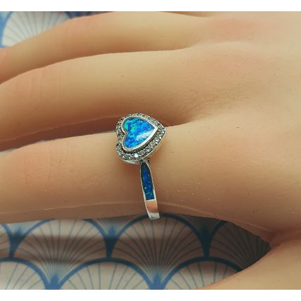 Vintage 925 Sterling Silver and Created Aqua Blue Fire Opal Heart Ring with Box