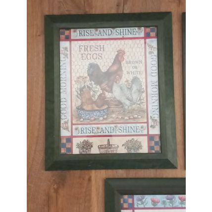 3 Country Farmhouse Kitchen Chicken Geese Rabbit Prints Pictures Green Frames