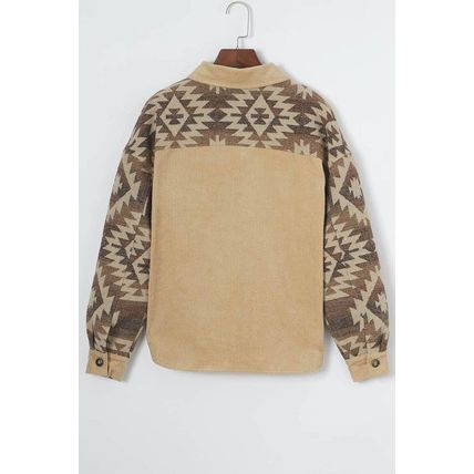 Khaki Aztec Print Patchwork Frayed Edge Corduroy Jacket