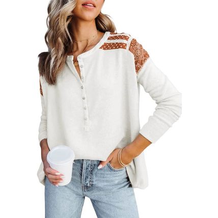White Contrast Crochet Lace Henley Top