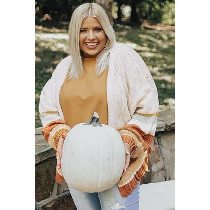 Beige Plus Size Striped Print Open Front Cardigan