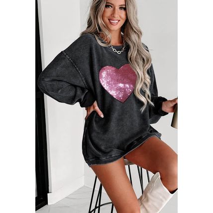 Black Sequin Heart Shaped Crewneck Corded Sweatshirt