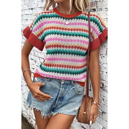 Fiery Red Trimmed Ruffle Sleeve Colorful Textured Sweater