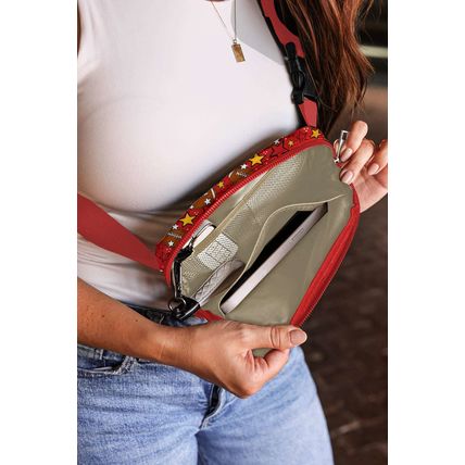 Fiery Red Rugby Star Printed Buckle Strap Crossbody Bag