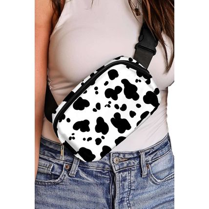 White Cow Pattern Print Buckle Wide Belt Inclined Shoulder Bag