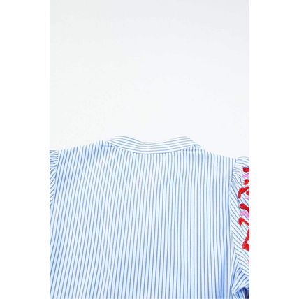 Sky Blue Stripe Contrast Floral Puff Sleeve Tiered Ruffle Dress