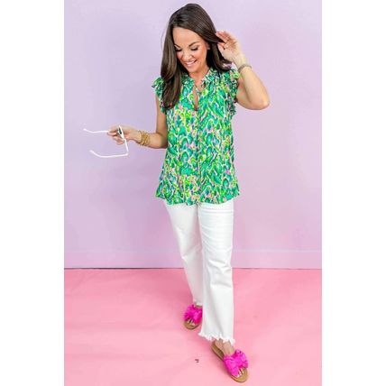Green Abstract Print Ruffled Trim Tied Split Neck Tank Top