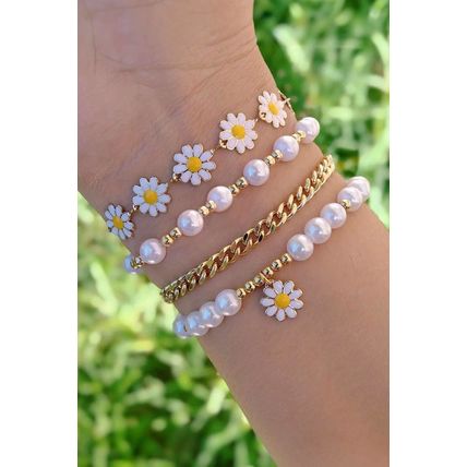 White 4pcs Daisy Pearl Beaded Chain Bracelet Set