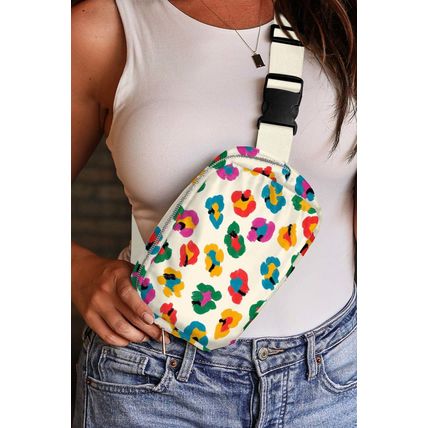 Beige Colorful Leopard Print Buckle Strap Crossbody Bag