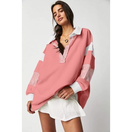 Casual Striped Colorblock Patchwork Collar Sweatshirt