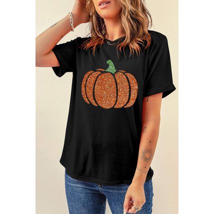 Black Glittering Pumpkin Graphic Halloween T Shirt