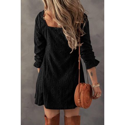 Black Lace Crochet Buttoned Square Neck Shift Mini Dress