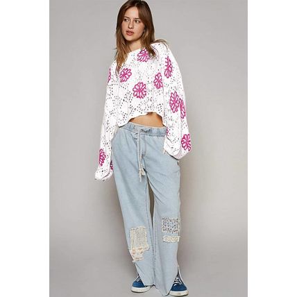 White Contrast Flower Print Eyelet Drop Shoulder Sweater