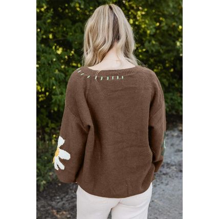 Coffee Big Flower Pattern V Neck Drop Shoulder Sweater