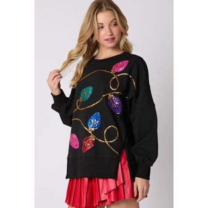 Black Bright Christmas Lights Sequined Oversized Sweatshirt