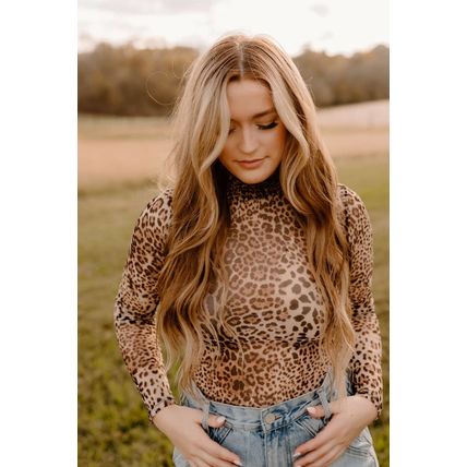 Brown Leopard Smocked Neck Mesh Long Sleeve Bodysuit