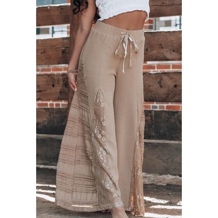 Smoke Gray Boho Lace Patchwork Wide Leg High Waist Pants