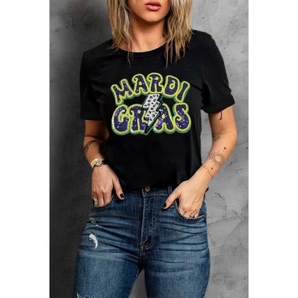 Black MARDI GRAS Lightning Graphic Short Sleeve Top