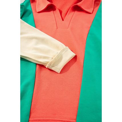 Grapefruit Orange Color Block Patchwork Collared V Neck Loose Top