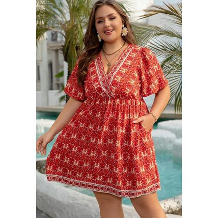 Orange Plus Size Printed Surplice Neck Empire Waist Flowy Mini Dress