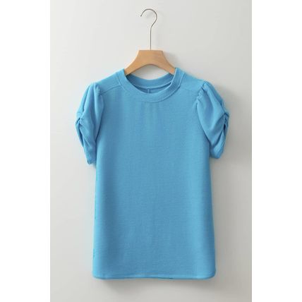 Light Blue Bubble Sleeve Solid Color Elegant T-Shirt