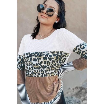 Brown Stripes Leopard Splicing Colorblock Long Sleeve Top