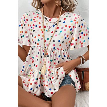 White Colorful Polka Dot Short Sleeve Tiered Ruffled Babydoll Blouse