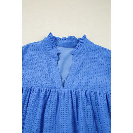 Sky Blue Plus Size Floral Embroidered Puff Sleeve Gingham Mini Dress