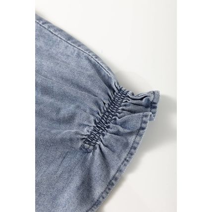 Dusk Blue V Neck Ruffled Short Puff Sleeve Denim Top