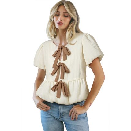 White Textured Bow Ties Front Bubble Hem Puff Short Sleeve Blouse