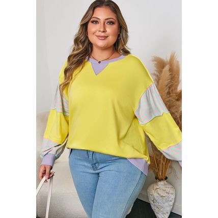 Yellow Striped Color Block Patchwork Crewneck Plus Size Pullover Sweatshirt