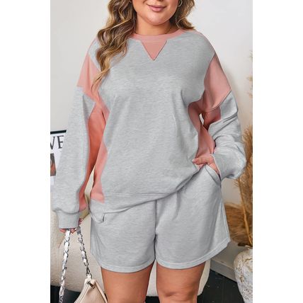 Light Grey Uneven Hem Colorblock Pullover Casual Shorts Plus Size 2pcs Outfit