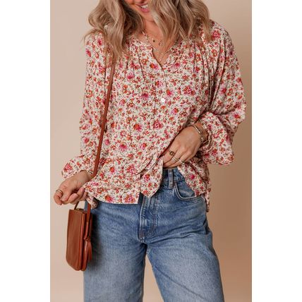 Red Floral Print Pleated Detail Notched Neck Puff Sleeve Blouse