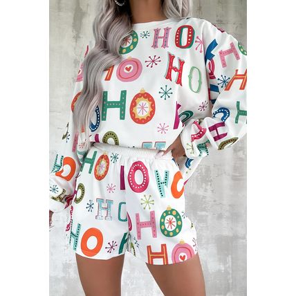 White Ho Ho Ho Christmas Fashion Print 2pcs Lounge Short Set