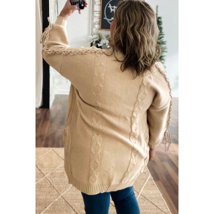 Parchment Cable Knit Braided Tie Sleeve Plus Size Open Cardigan